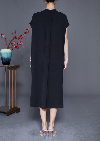 Casual Black Stand Collar Wrinkled Spandex Long Dresses Summer LY3654 - fabuloryshop