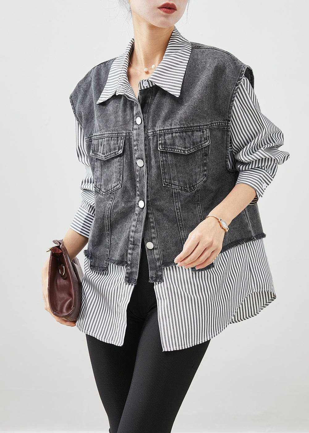 Casual Black Striped Patchwork Denim Coat Outwear Fall Ada Fashion