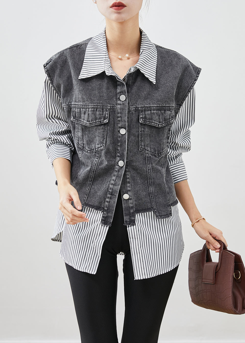 Casual Black Striped Patchwork Denim Coat Outwear Fall Ada Fashion