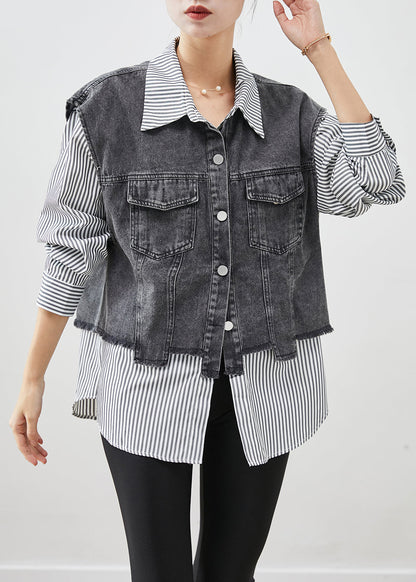 Casual Black Striped Patchwork Denim Coat Outwear Fall Ada Fashion