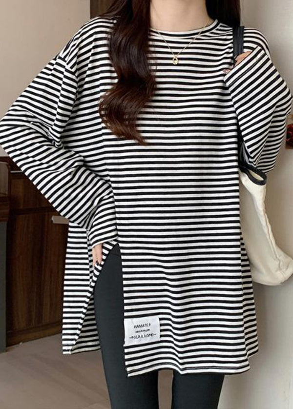 Casual Black Striped Side Open Applique Cotton Shirt Spring LY2625 - fabuloryshop