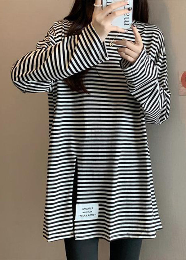 Casual Black Striped Side Open Applique Cotton Shirt Spring LY2625 - fabuloryshop