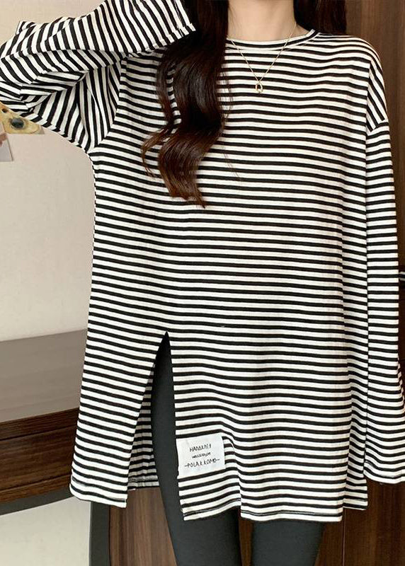 Casual Black Striped Side Open Applique Cotton Shirt Spring LY2625