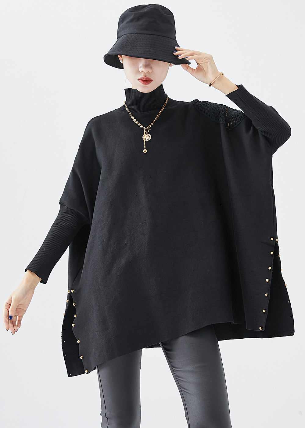 Casual Black Turtle Neck Oversized Side Open Knit Top Fall Ada Fashion