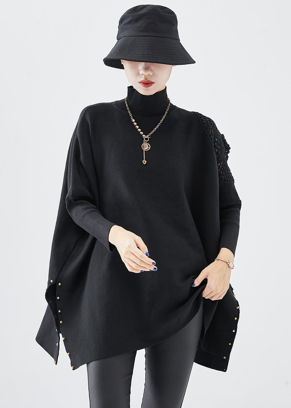 Casual Black Turtle Neck Oversized Side Open Knit Top Fall Ada Fashion