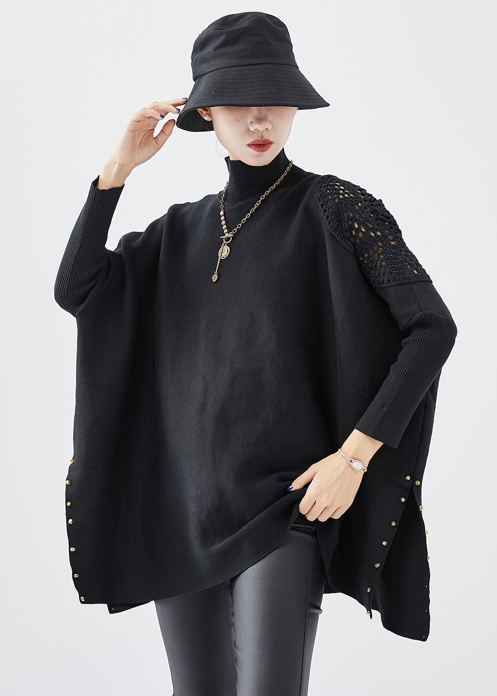 Casual Black Turtle Neck Oversized Side Open Knit Top Fall Ada Fashion