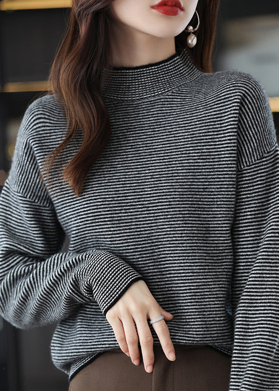 Casual Black Turtleneck Striped Patchwork Woolen Knit Top Long Sleeve Ada Fashion