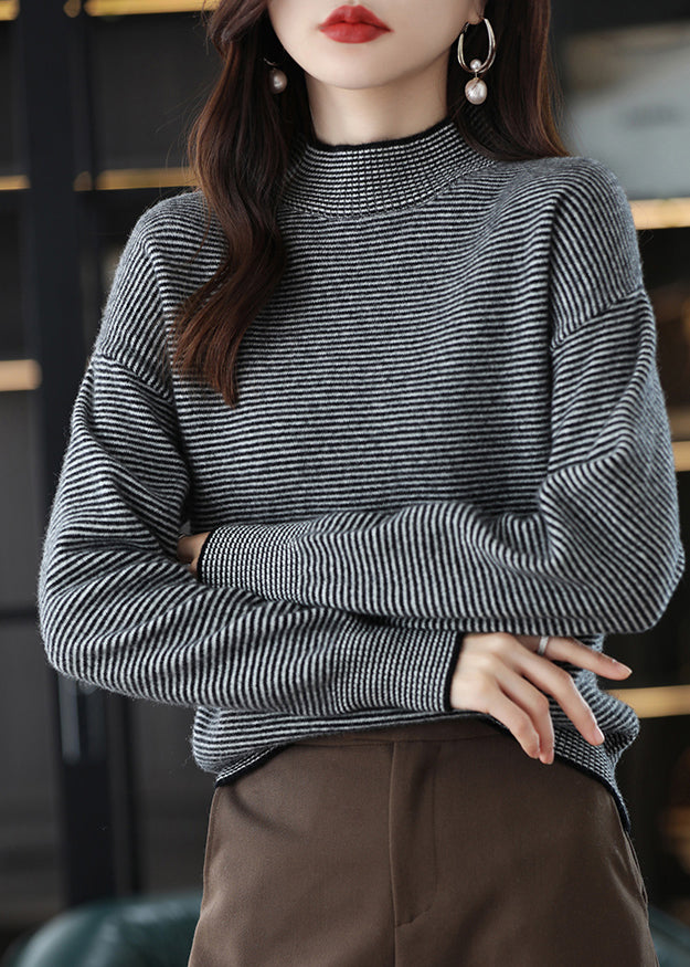 Casual Black Turtleneck Striped Patchwork Woolen Knit Top Long Sleeve Ada Fashion