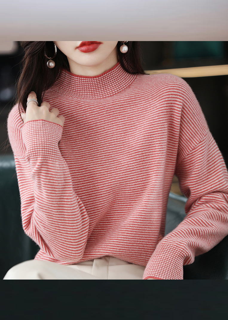 Casual Black Turtleneck Striped Patchwork Woolen Knit Top Long Sleeve Ada Fashion