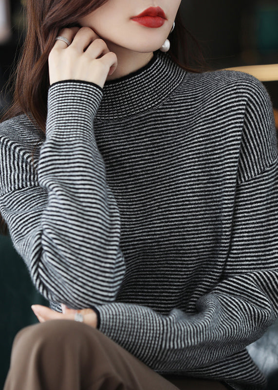 Casual Black Turtleneck Striped Patchwork Woolen Knit Top Long Sleeve Ada Fashion