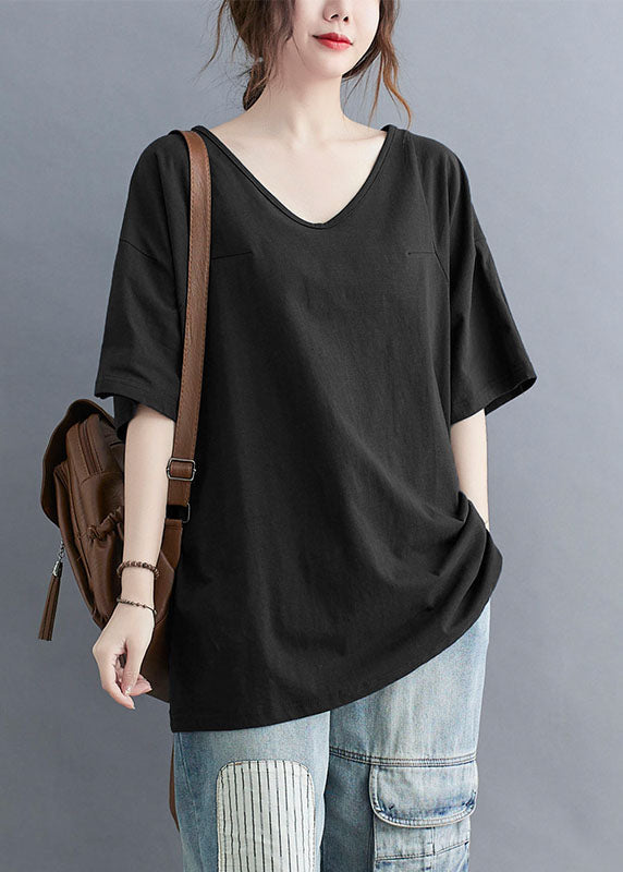 Casual Black V Neck Patchwork Cotton T Shirt Tops Summer LY5363 - fabuloryshop