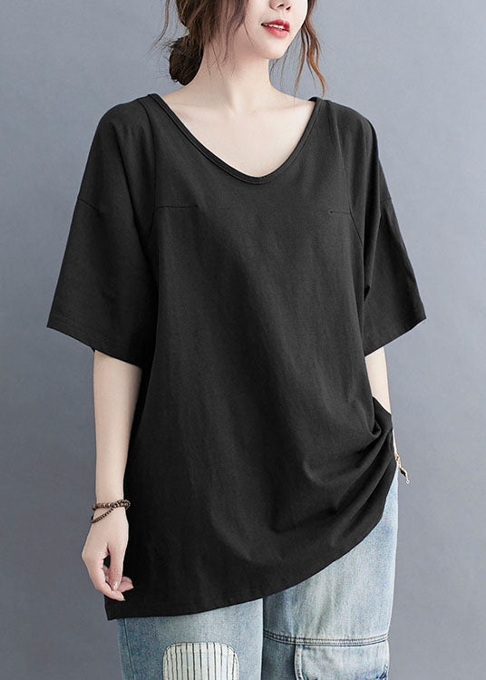 Casual Black V Neck Patchwork Cotton T Shirt Tops Summer LY5363 - fabuloryshop