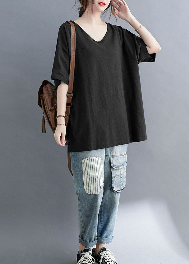 Casual Black V Neck Patchwork Cotton T Shirt Tops Summer LY5363 - fabuloryshop