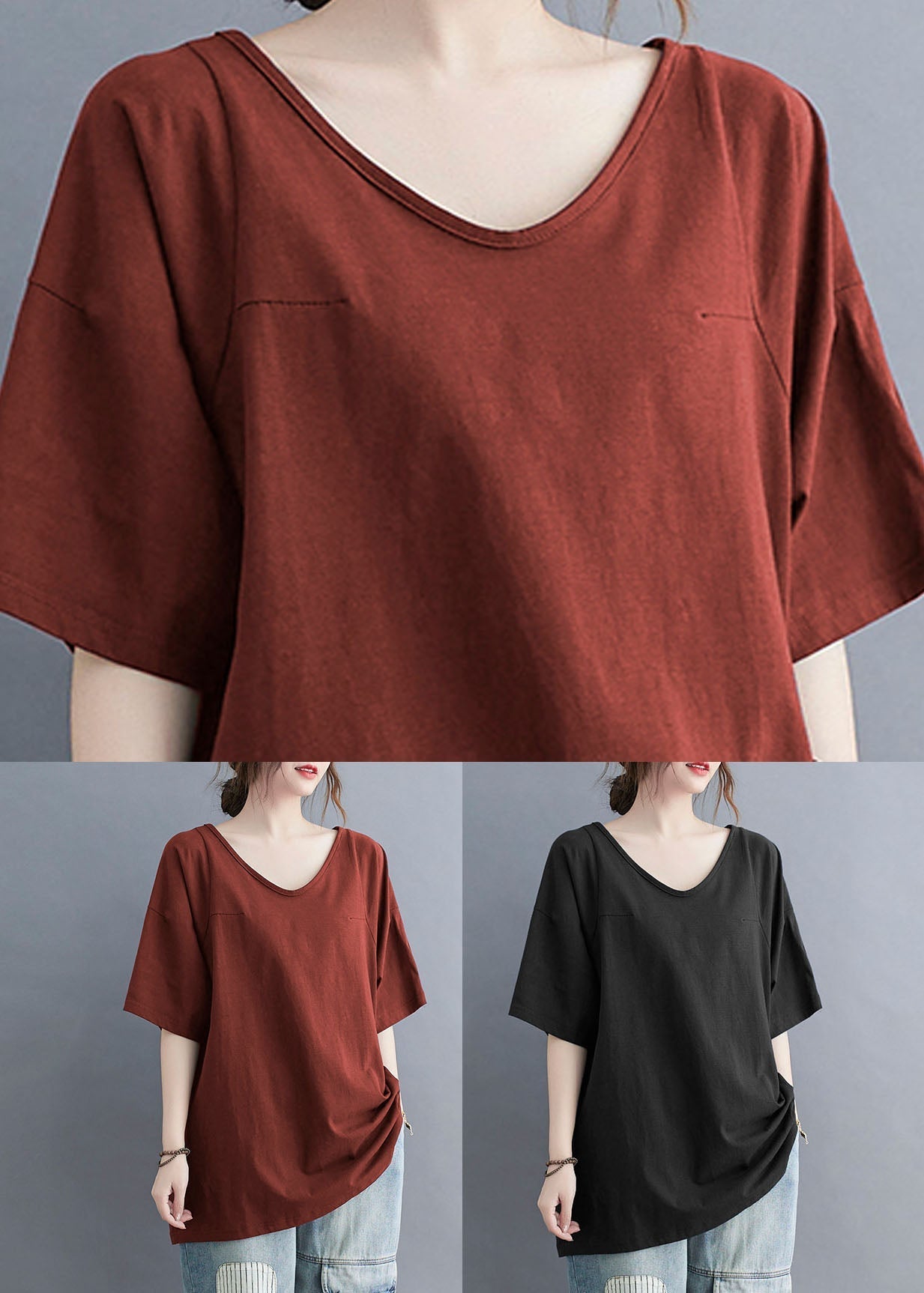 Casual Black V Neck Patchwork Cotton T Shirt Tops Summer LY5363 - fabuloryshop