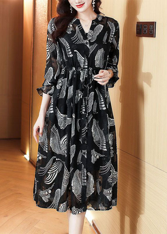 Casual Black V Neck Tie Waist Print Chiffon Holiday Dress Spring TH1018 - fabuloryshop