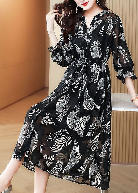 Casual Black V Neck Tie Waist Print Chiffon Holiday Dress Spring TH1018 - fabuloryshop