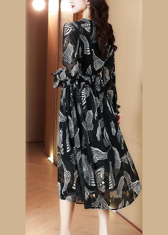 Casual Black V Neck Tie Waist Print Chiffon Holiday Dress Spring TH1018 - fabuloryshop