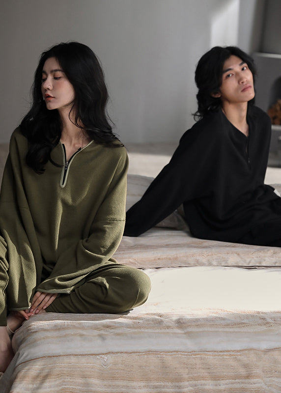 Casual Black V Neck Zippered Couple Pajamas Two Pieces Set Long Sleeve LY2820 - fabuloryshop