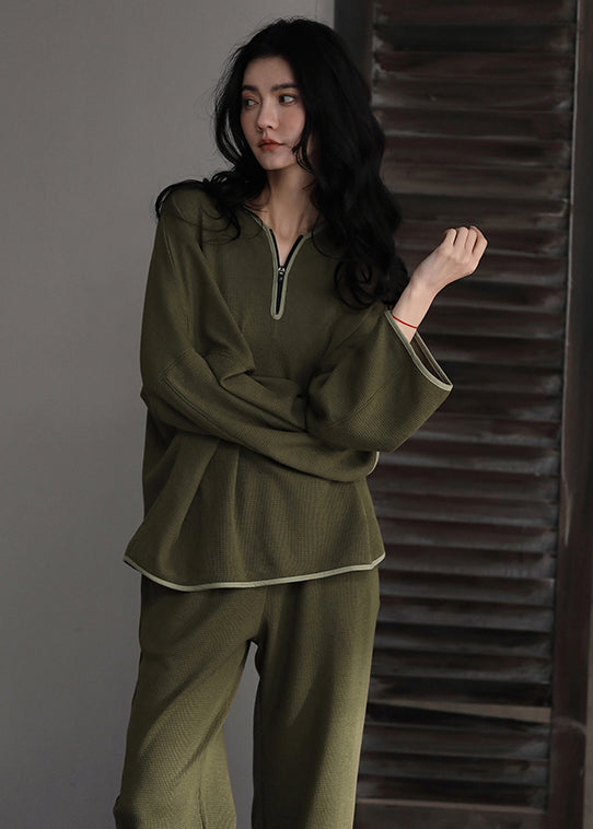 Casual Black V Neck Zippered Couple Pajamas Two Pieces Set Long Sleeve LY2820 - fabuloryshop