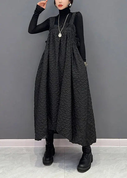 Casual Black Wrinkled Pockets Patchwork Cotton Carpenter Dresses Fall Ada Fashion