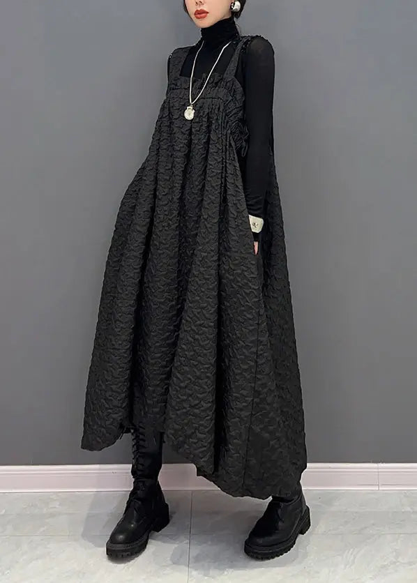 Casual Black Wrinkled Pockets Patchwork Cotton Carpenter Dresses Fall Ada Fashion