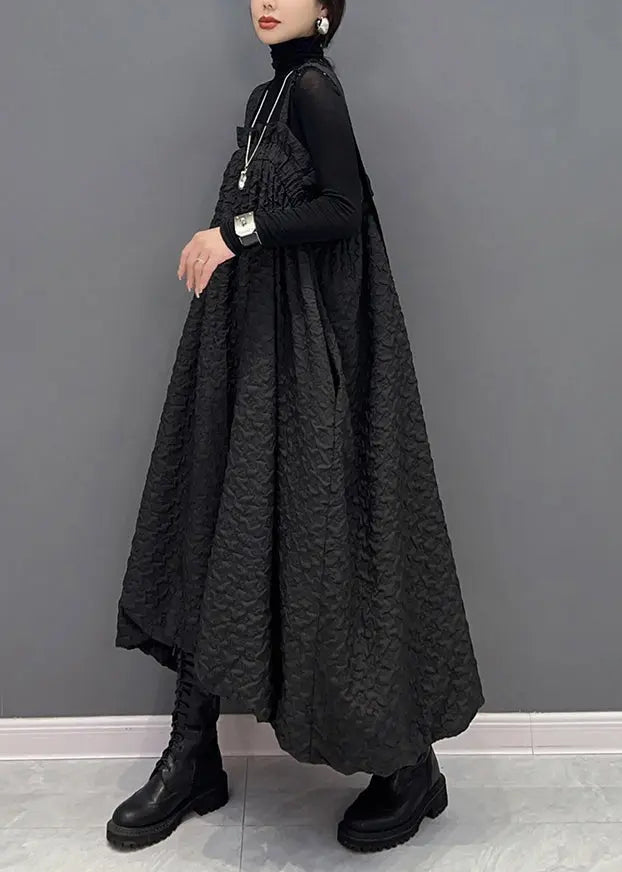 Casual Black Wrinkled Pockets Patchwork Cotton Carpenter Dresses Fall Ada Fashion