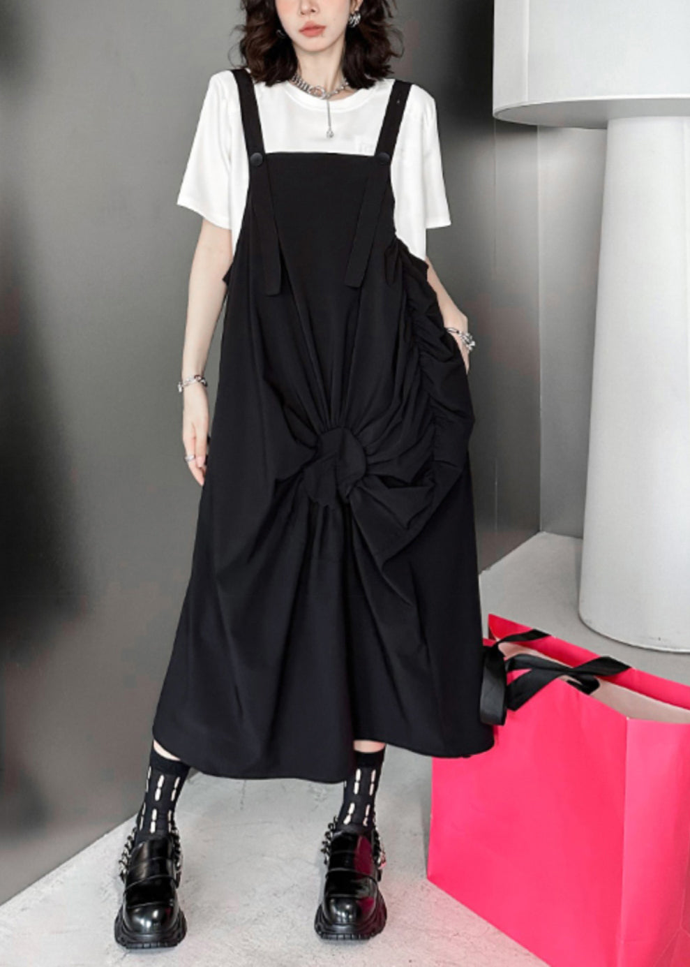 Casual Black Wrinkled Pockets Patchwork Cotton Long Dresses Sleeveless Ada Fashion