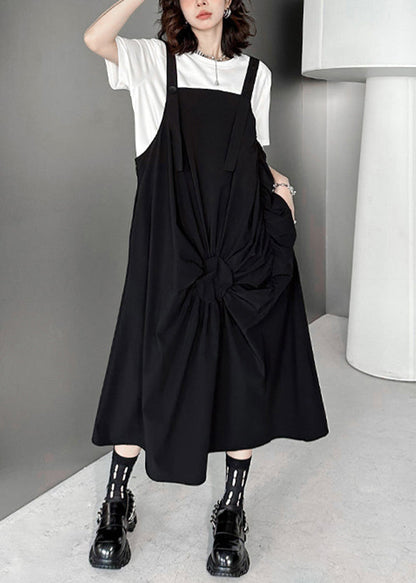 Casual Black Wrinkled Pockets Patchwork Cotton Long Dresses Sleeveless Ada Fashion