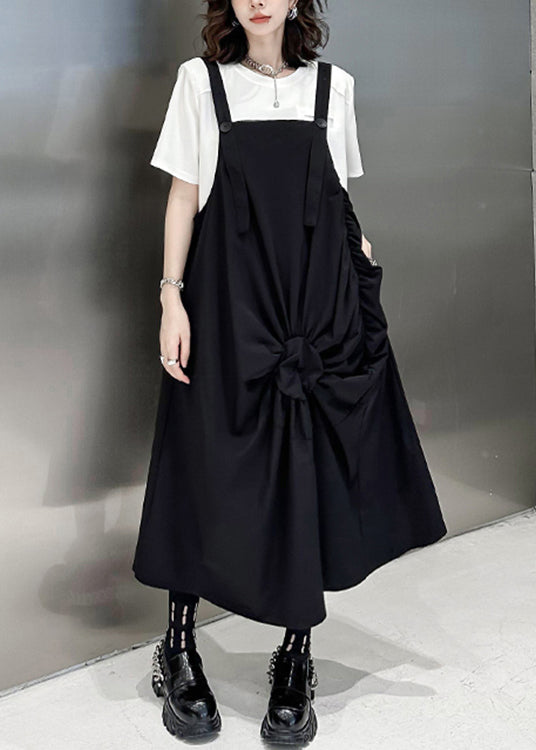 Casual Black Wrinkled Pockets Patchwork Cotton Long Dresses Sleeveless Ada Fashion