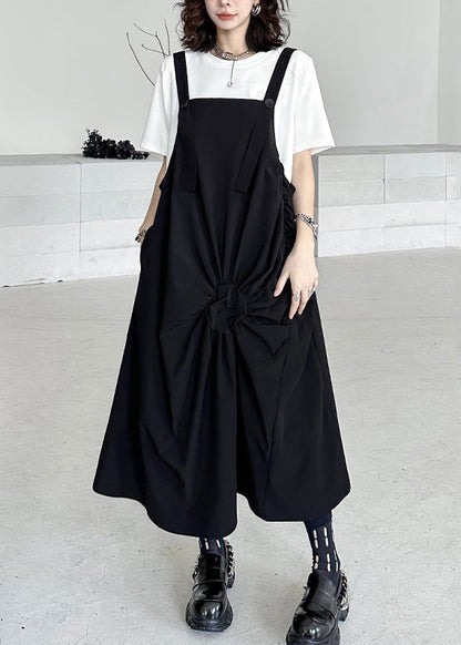 Casual Black Wrinkled Pockets Patchwork Cotton Long Dresses Sleeveless Ada Fashion