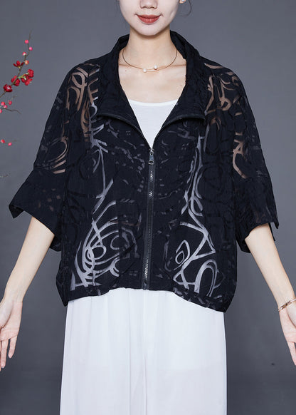 Casual Black Zip Up Hollow Out Cotton Coat Outwear Summer Ada Fashion