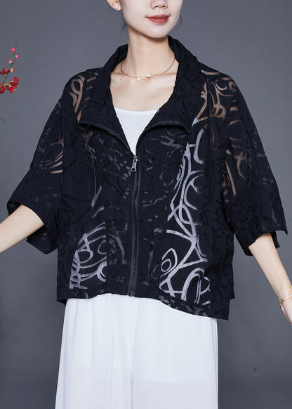 Casual Black Zip Up Hollow Out Cotton Coat Outwear Summer Ada Fashion