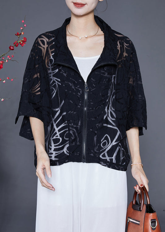 Casual Black Zip Up Hollow Out Cotton Coat Outwear Summer Ada Fashion