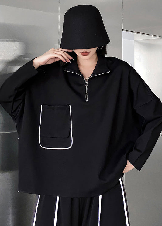 Casual Black Zippered Pockets Patchwork Cotton Sweatshirt Fall Ada Fashion