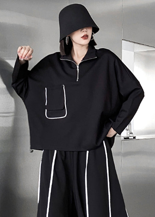 Casual Black Zippered Pockets Patchwork Cotton Sweatshirt Fall Ada Fashion