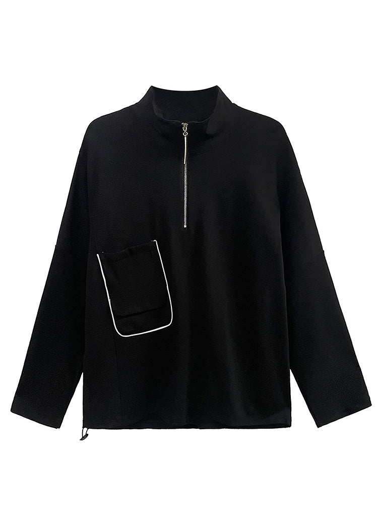 Casual Black Zippered Pockets Patchwork Cotton Sweatshirt Fall Ada Fashion