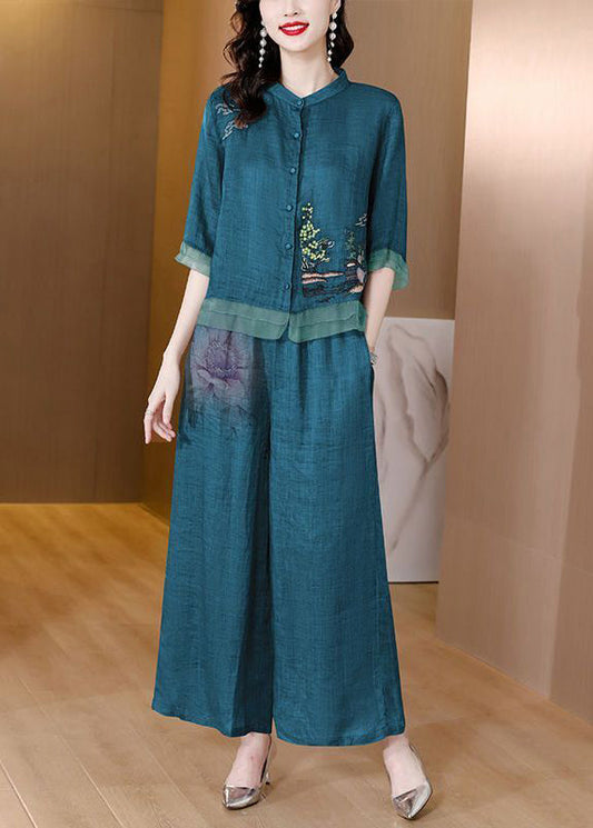 Casual Blackish Green Embroideried Patchwork Linen Two Pieces Set Summer LY2722 - fabuloryshop