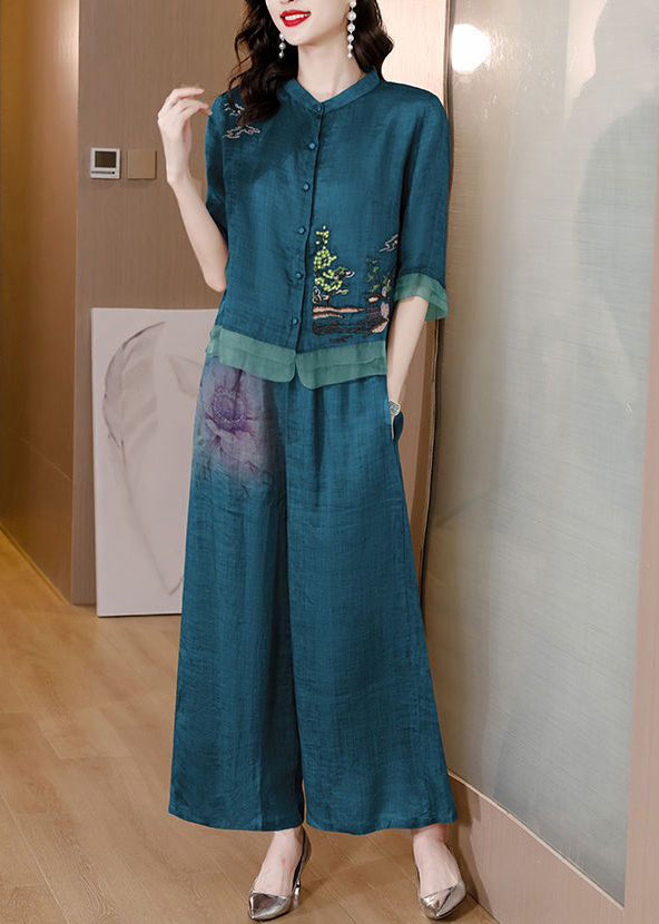 Casual Blackish Green Embroideried Patchwork Linen Two Pieces Set Summer LY2722 - fabuloryshop