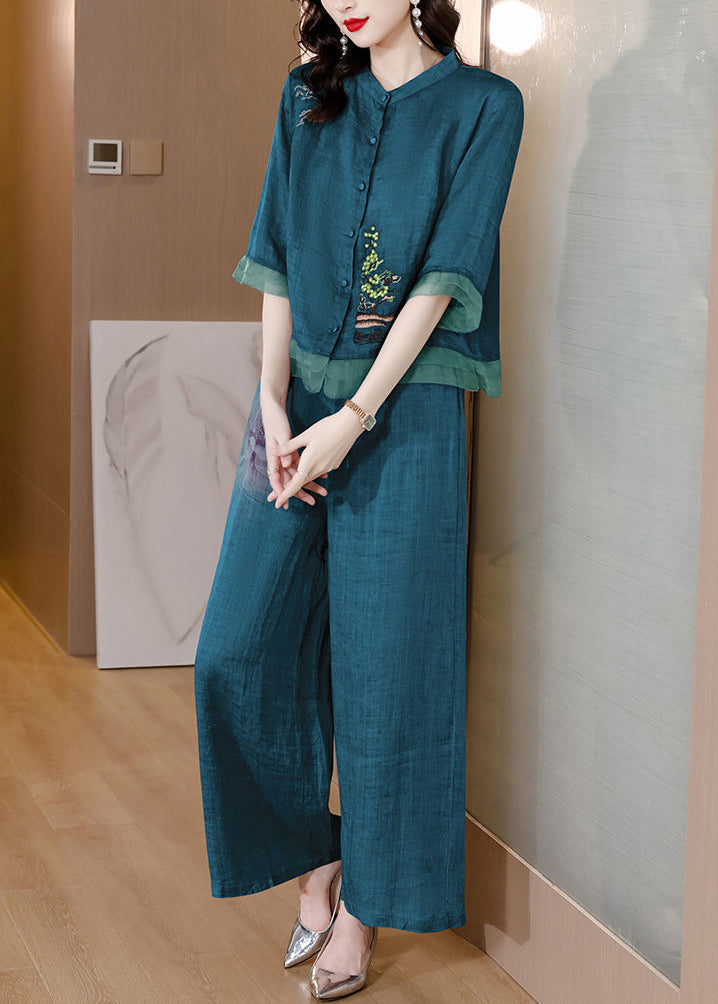 Casual Blackish Green Embroideried Patchwork Linen Two Pieces Set Summer LY2722 - fabuloryshop