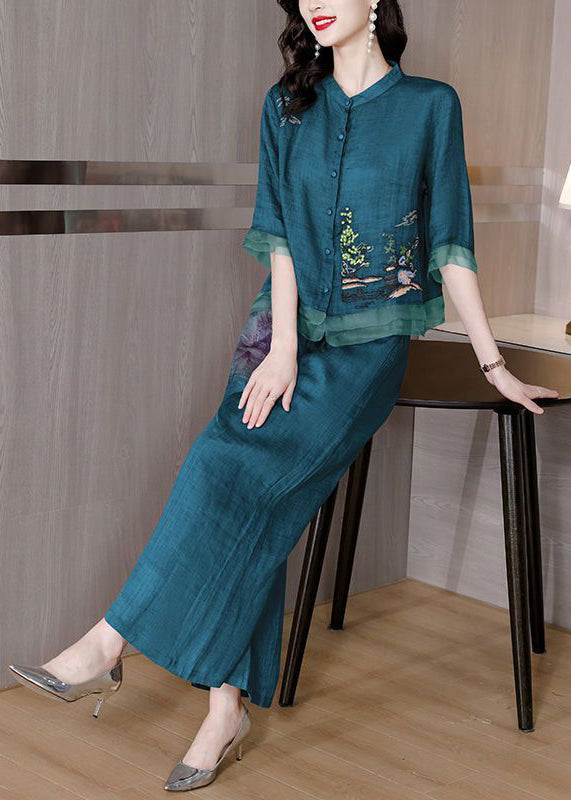 Casual Blackish Green Embroideried Patchwork Linen Two Pieces Set Summer LY2722 - fabuloryshop