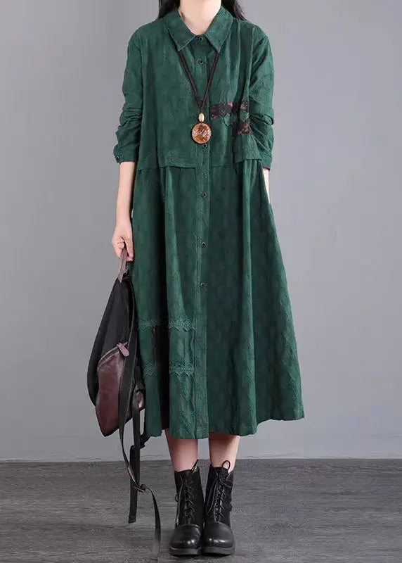 Casual Blackish Green Pockets Patchwork Cotton Shirts Dresses Fall Ada Fashion