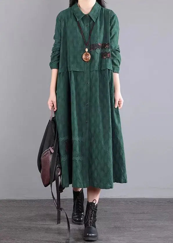 Casual Blackish Green Pockets Patchwork Cotton Shirts Dresses Fall Ada Fashion