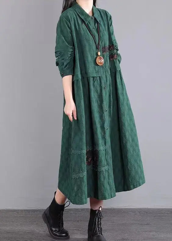 Casual Blackish Green Pockets Patchwork Cotton Shirts Dresses Fall Ada Fashion