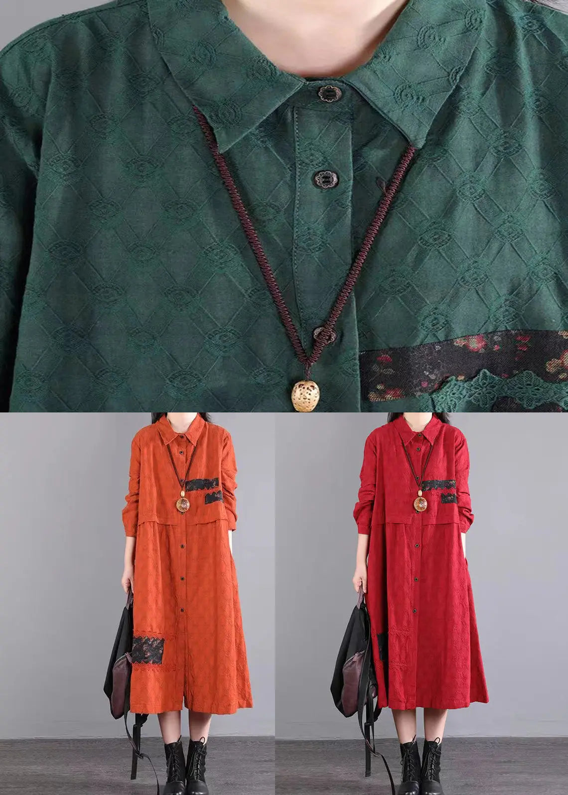 Casual Blackish Green Pockets Patchwork Cotton Shirts Dresses Fall Ada Fashion