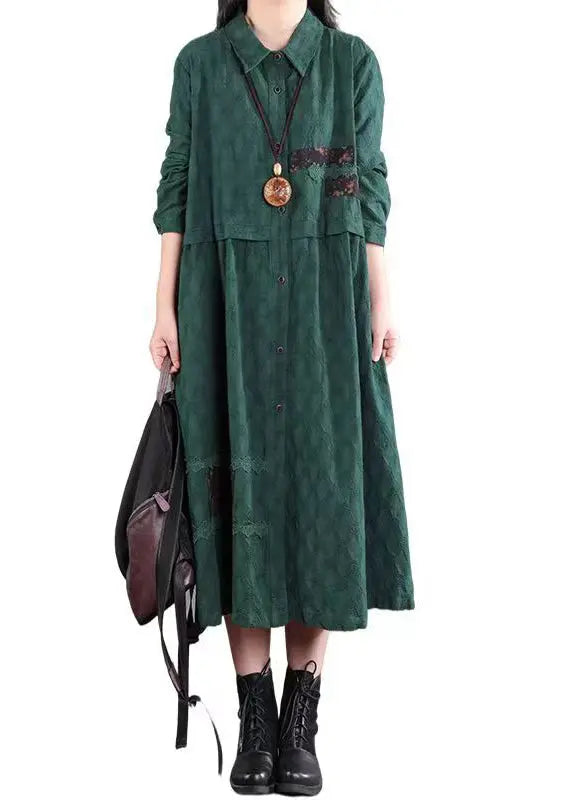 Casual Blackish Green Pockets Patchwork Cotton Shirts Dresses Fall Ada Fashion