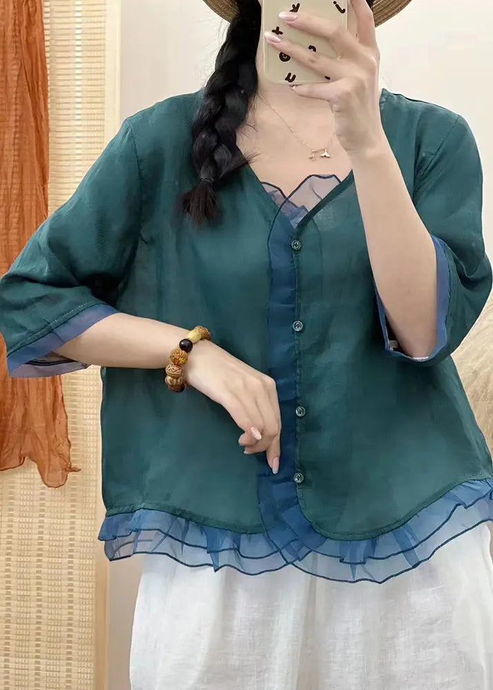 Casual Blackish Green V Neck Organza Patchwork Button Ramie Shirt Fall Ada Fashion