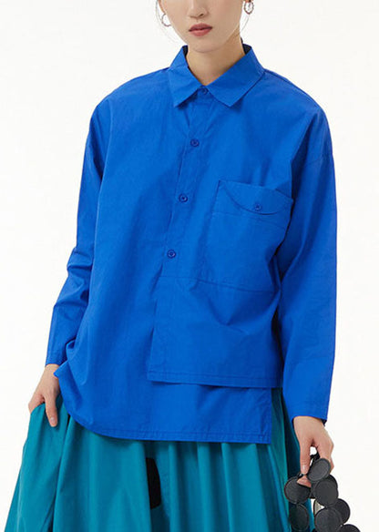 Casual Blue Asymmetrical Design Patchwork Cotton Shirts Top Long Sleeve LY1154 - fabuloryshop