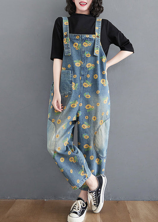 Casual Blue Daisy Patchwork Pockets Denim Jumpsuit Summer Ada Fashion