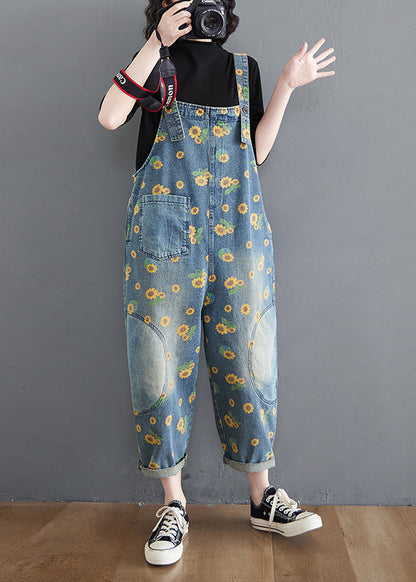 Casual Blue Daisy Patchwork Pockets Denim Jumpsuit Summer Ada Fashion