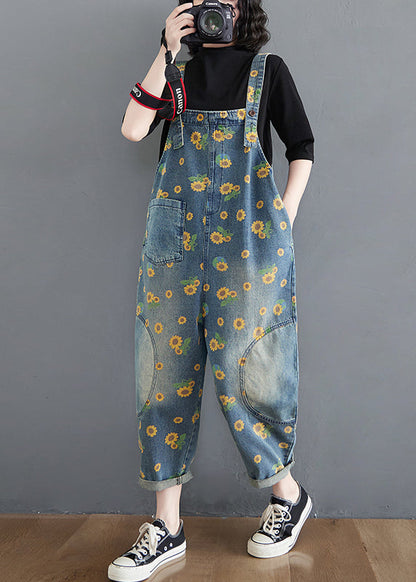 Casual Blue Daisy Patchwork Pockets Denim Jumpsuit Summer Ada Fashion